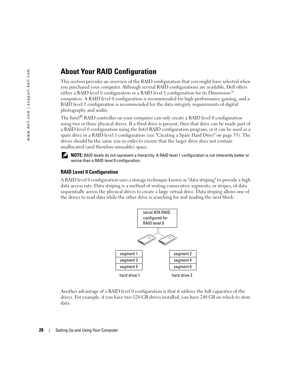 About your raid configuration, Raid level 0 configuration | Dell Dimension 9150 User Manual | Page 28 / 148