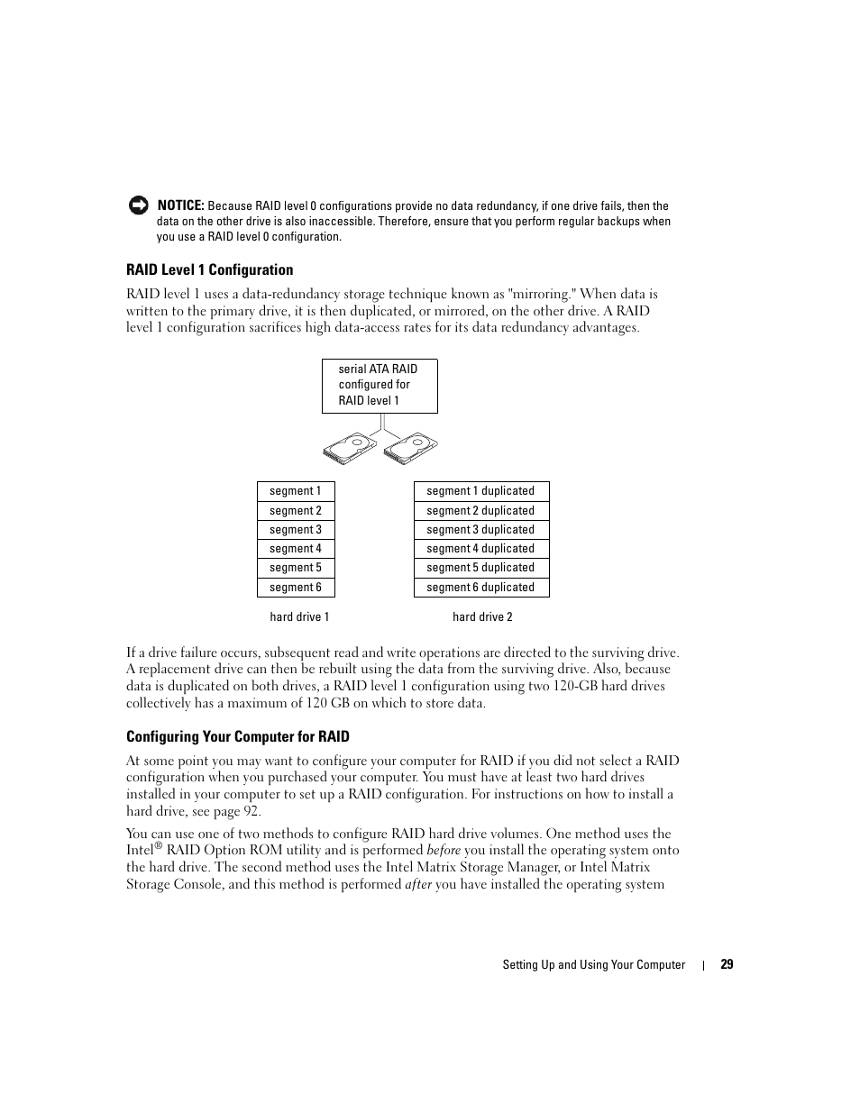 Raid level 1 configuration, Configuring your computer for raid | Dell Dimension 9150 User Manual | Page 29 / 148