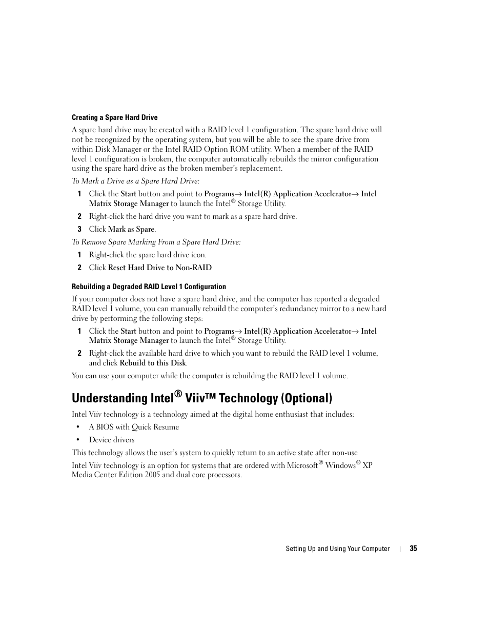 Understanding intel® viiv™ technology (optional), Understanding intel, Viiv™ technology (optional) | Dell Dimension 9150 User Manual | Page 35 / 148