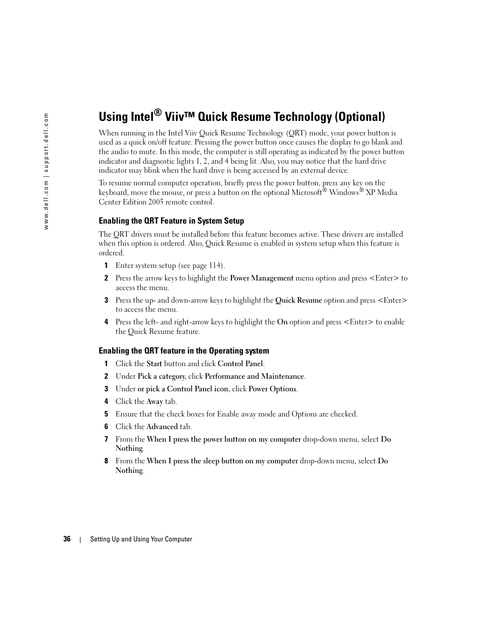 Enabling the qrt feature in system setup, Enabling the qrt feature in the operating system, Using intel | Viiv™ quick resume technology (optional) | Dell Dimension 9150 User Manual | Page 36 / 148