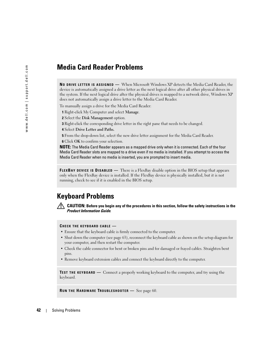 Media card reader problems, Keyboard problems, Media card reader problems keyboard problems | Dell Dimension 9150 User Manual | Page 42 / 148