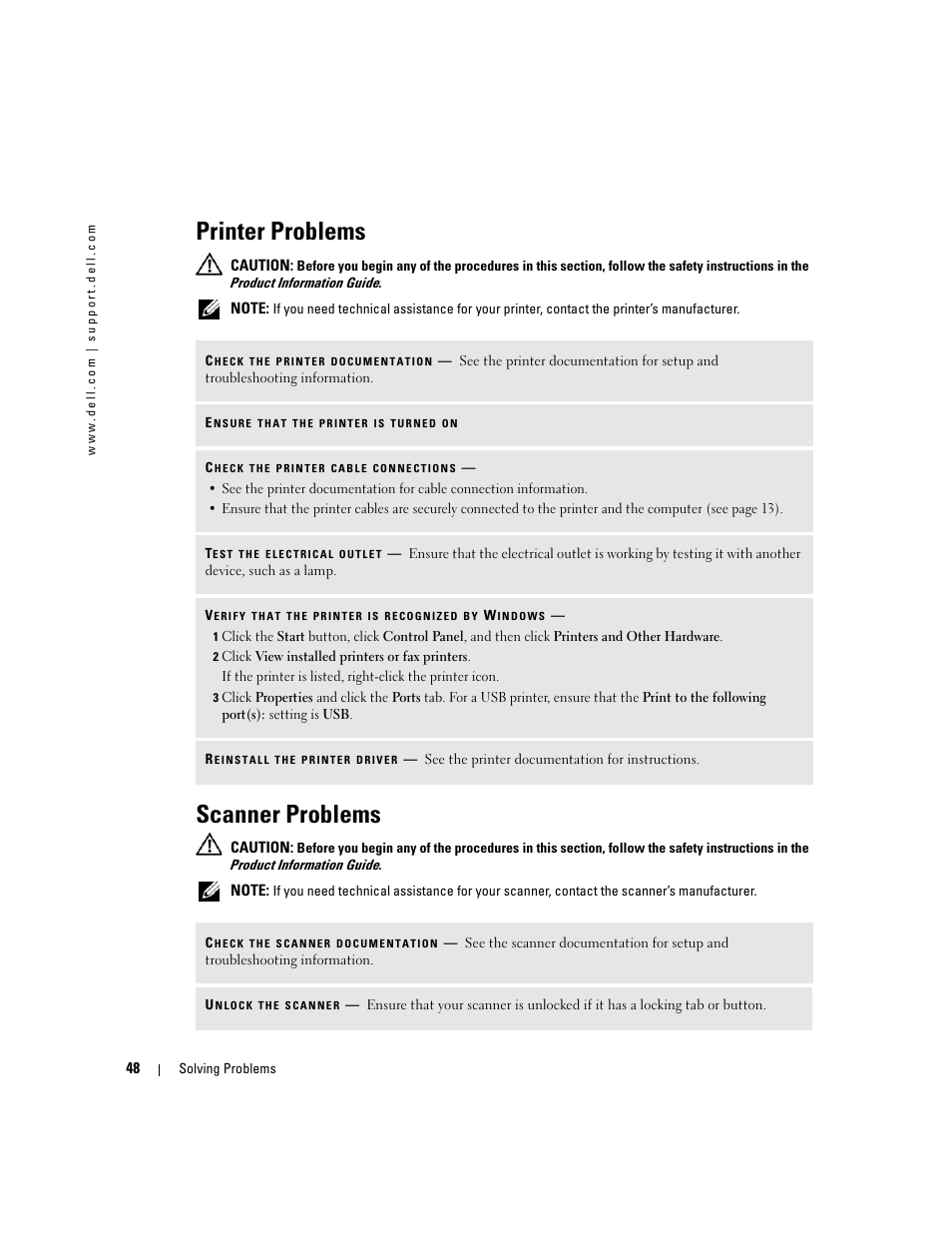 Printer problems, Scanner problems | Dell Dimension 9150 User Manual | Page 48 / 148