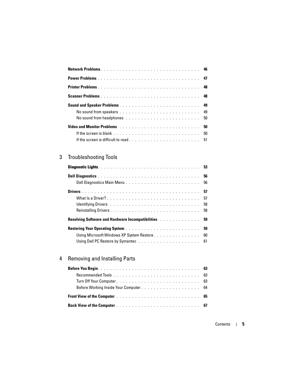 3troubleshooting tools, 4removing and installing parts | Dell Dimension 9150 User Manual | Page 5 / 148