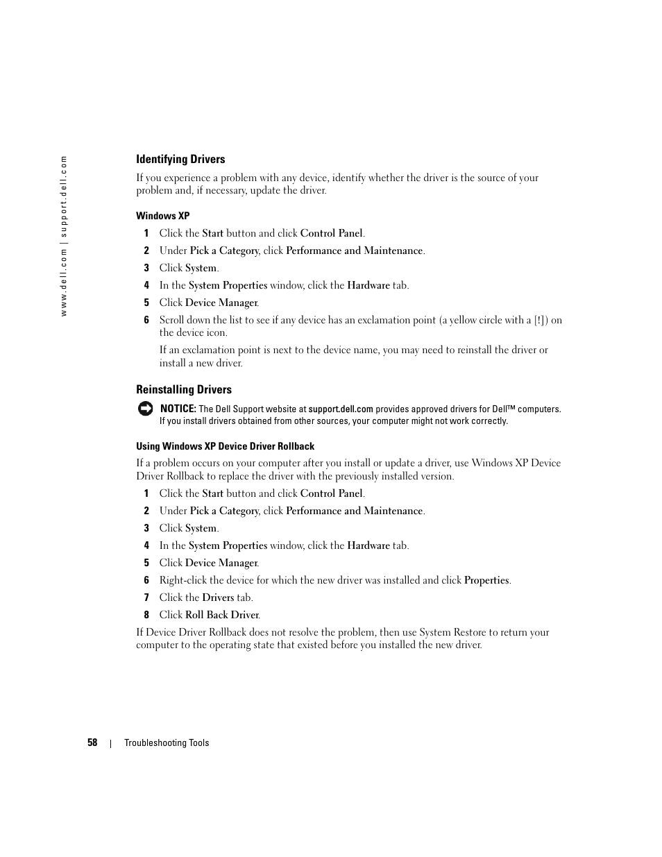 Identifying drivers, Reinstalling drivers | Dell Dimension 9150 User Manual | Page 58 / 148