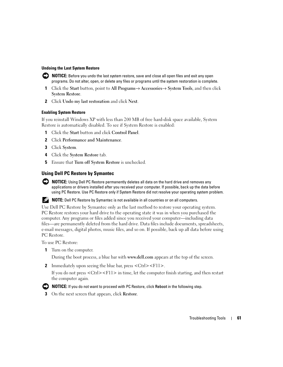 Using dell pc restore by symantec | Dell Dimension 9150 User Manual | Page 61 / 148