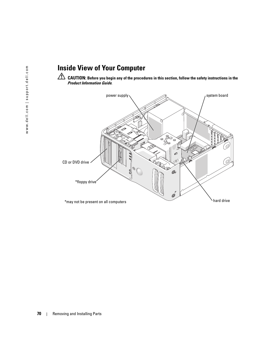 Inside view of your computer | Dell Dimension 9150 User Manual | Page 70 / 148