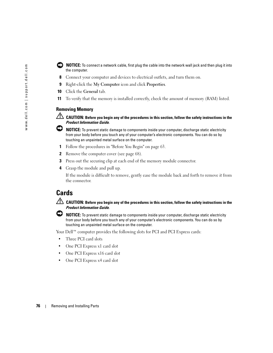 Removing memory, Cards | Dell Dimension 9150 User Manual | Page 76 / 148