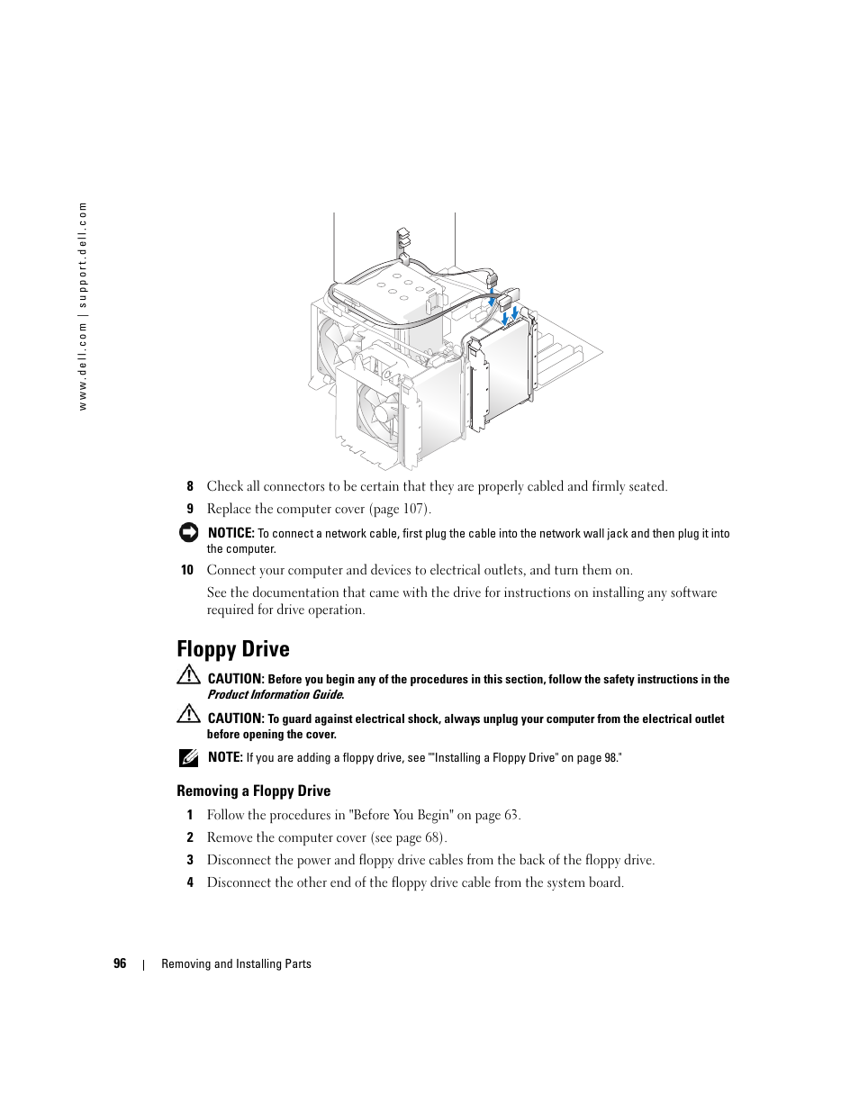 Floppy drive, Removing a floppy drive | Dell Dimension 9150 User Manual | Page 96 / 148