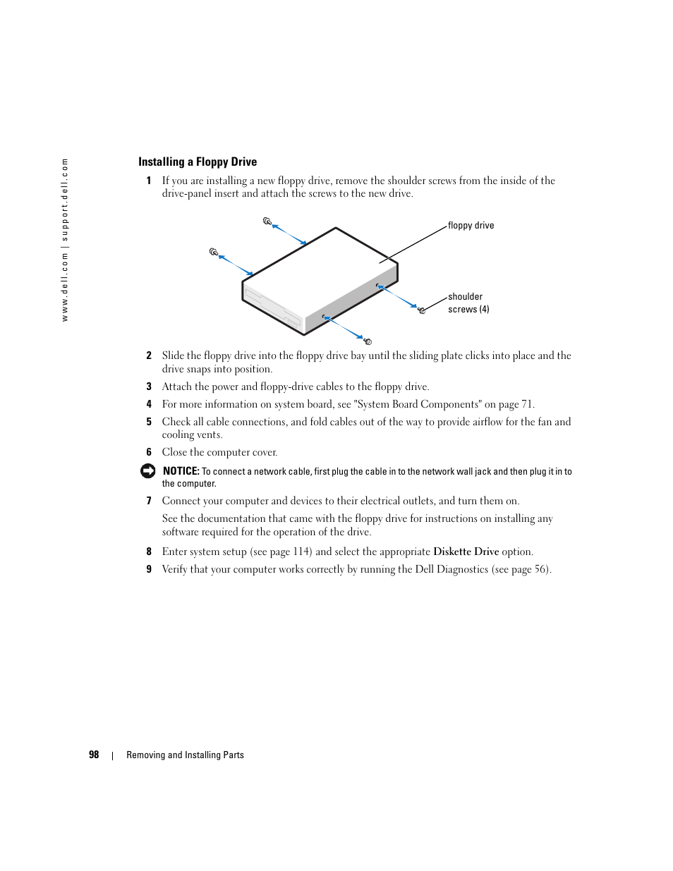 Installing a floppy drive | Dell Dimension 9150 User Manual | Page 98 / 148