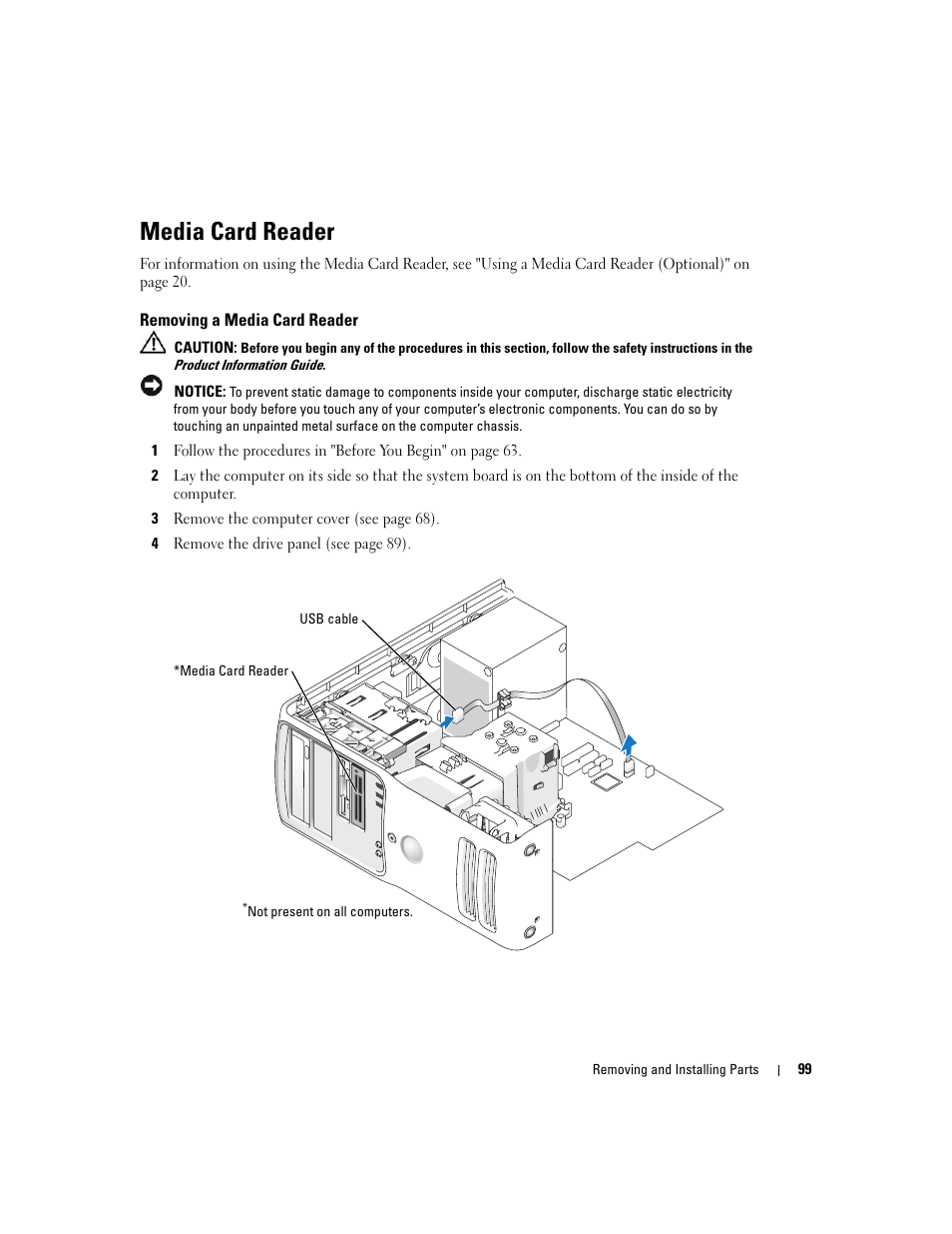 Media card reader, Removing a media card reader | Dell Dimension 9150 User Manual | Page 99 / 148