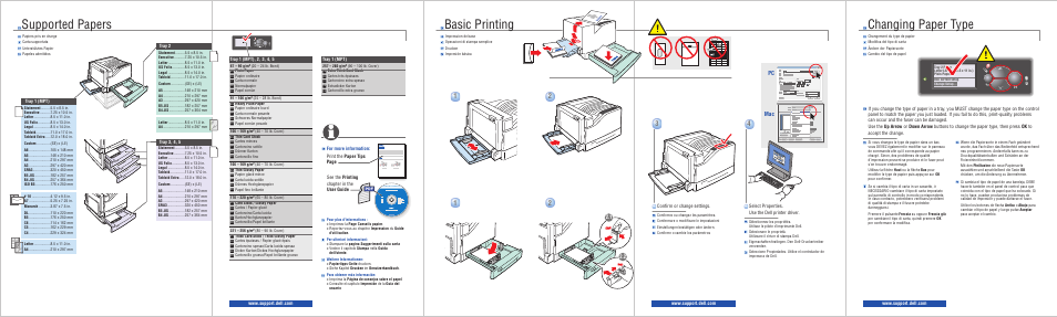 Supported papers, Basic printing, Changing paper type | Pc mac | Dell 7130cdn User Manual | Page 2 / 2