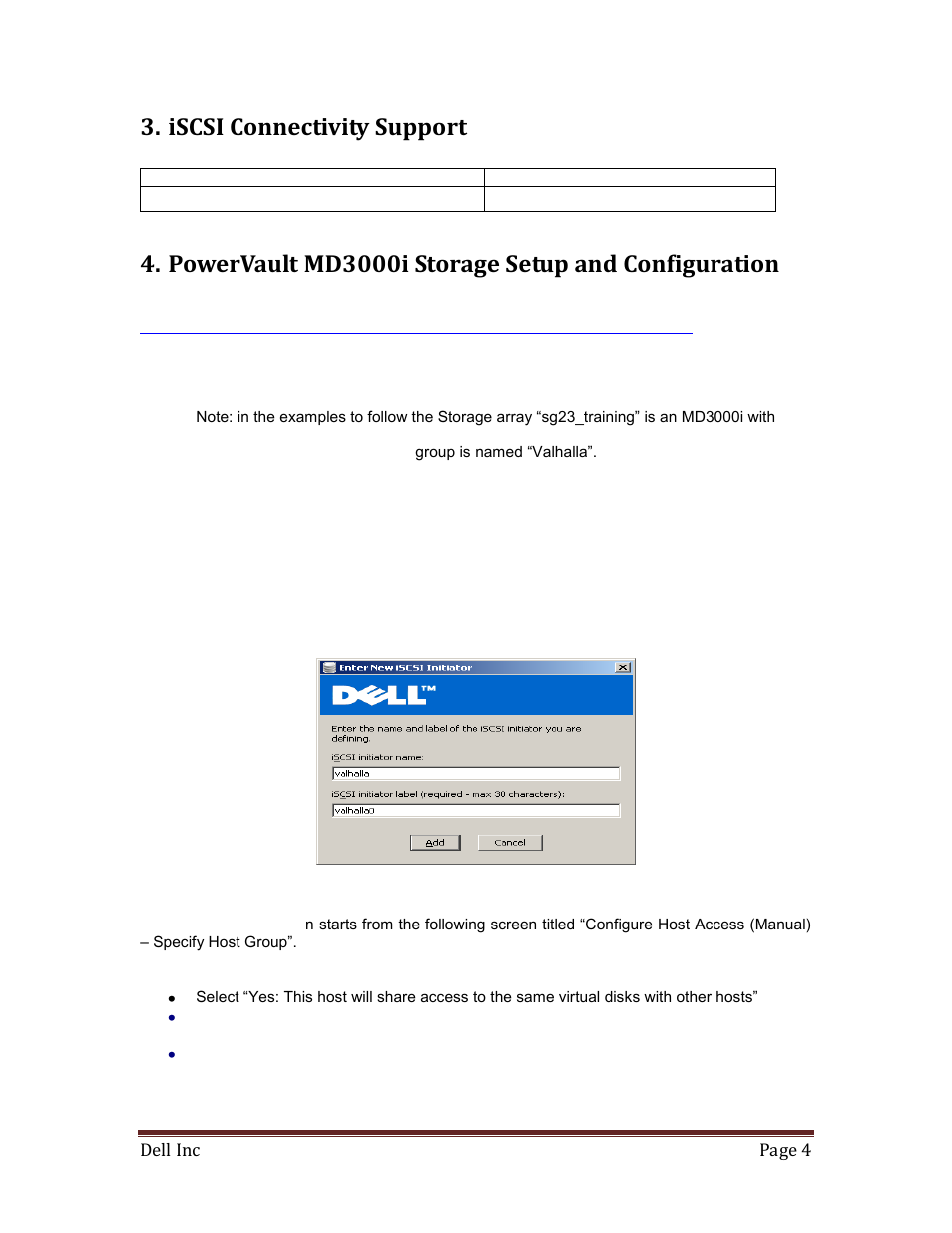 Iscsi connectivity support, Powervault md3000i storage setup and configuration | Dell ESX MD3000I User Manual | Page 4 / 10