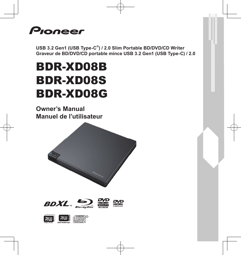 Pioneer BDR-XD08S Portable USB 3.2 Gen 1 Clamshell Optical Drive (Snow White Silver) User Manual | 68 pages