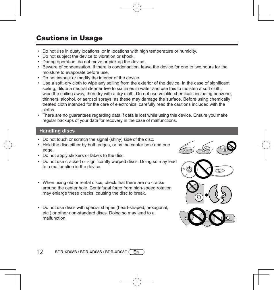 Cautions in usage | Pioneer BDR-XD08S Portable USB 3.2 Gen 1 Clamshell Optical Drive (Snow White Silver) User Manual | Page 12 / 68