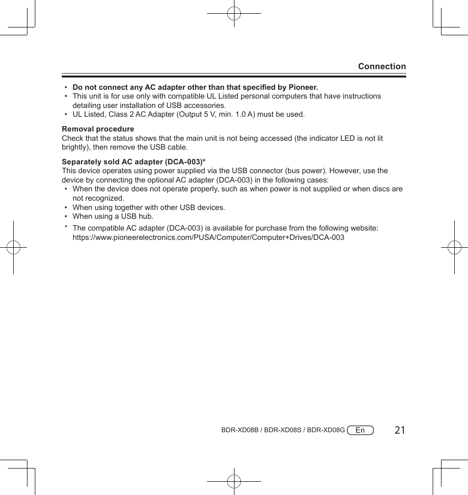 Pioneer BDR-XD08S Portable USB 3.2 Gen 1 Clamshell Optical Drive (Snow White Silver) User Manual | Page 21 / 68