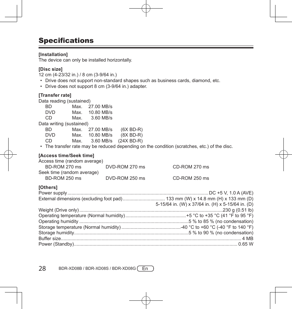 Specifications | Pioneer BDR-XD08S Portable USB 3.2 Gen 1 Clamshell Optical Drive (Snow White Silver) User Manual | Page 28 / 68