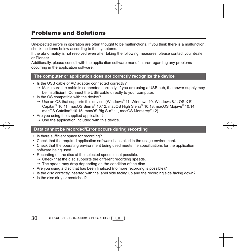 Problems and solutions | Pioneer BDR-XD08S Portable USB 3.2 Gen 1 Clamshell Optical Drive (Snow White Silver) User Manual | Page 30 / 68