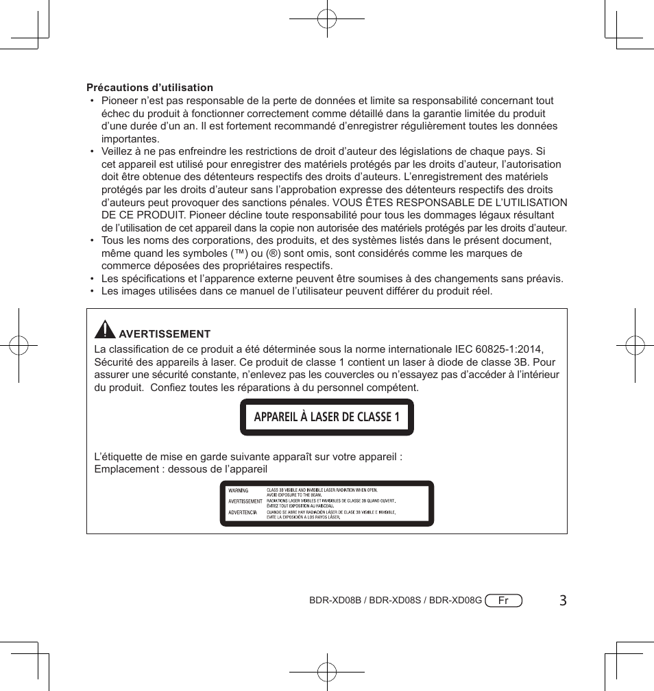 Appareil à laser de classe 1 | Pioneer BDR-XD08S Portable USB 3.2 Gen 1 Clamshell Optical Drive (Snow White Silver) User Manual | Page 35 / 68