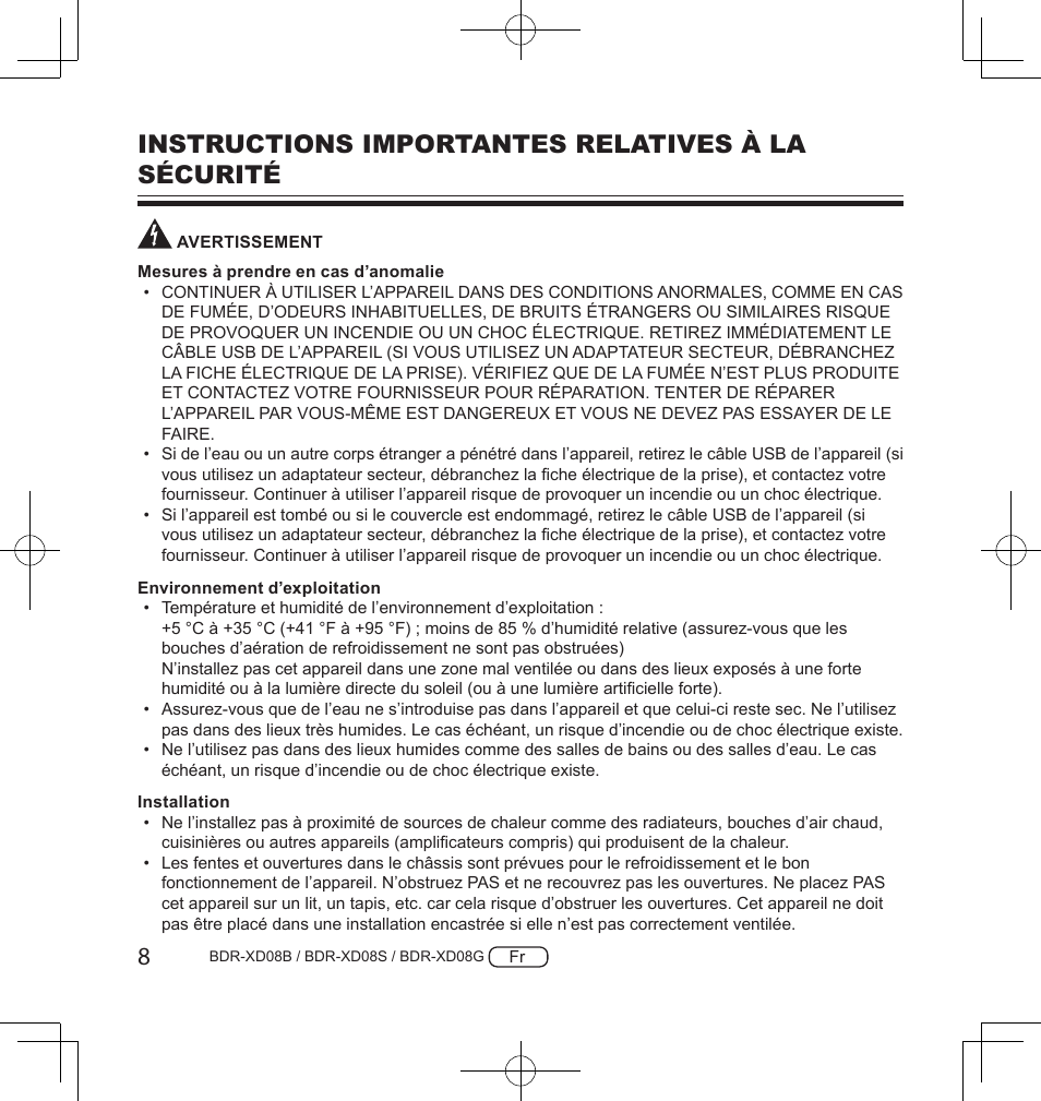 Instructions importantes relatives à la sécurité | Pioneer BDR-XD08S Portable USB 3.2 Gen 1 Clamshell Optical Drive (Snow White Silver) User Manual | Page 40 / 68