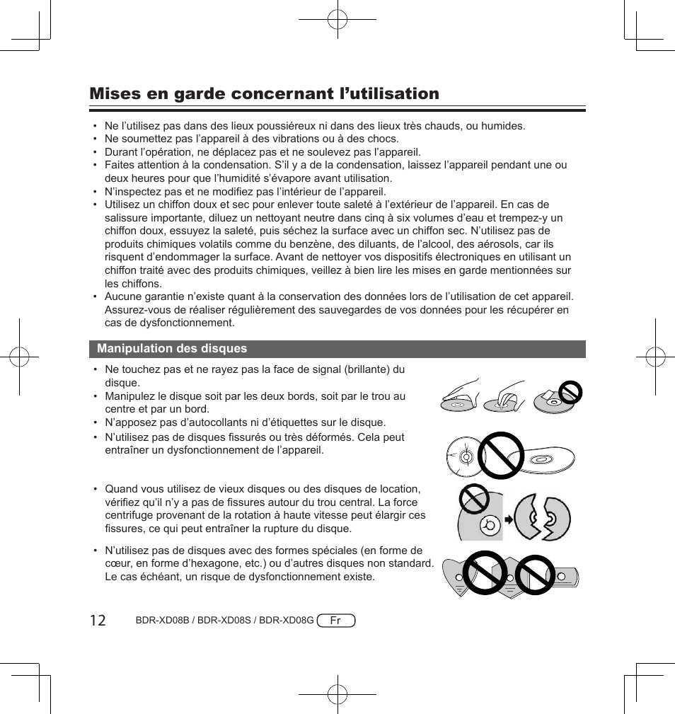 Mises en garde concernant l’utilisation | Pioneer BDR-XD08S Portable USB 3.2 Gen 1 Clamshell Optical Drive (Snow White Silver) User Manual | Page 44 / 68