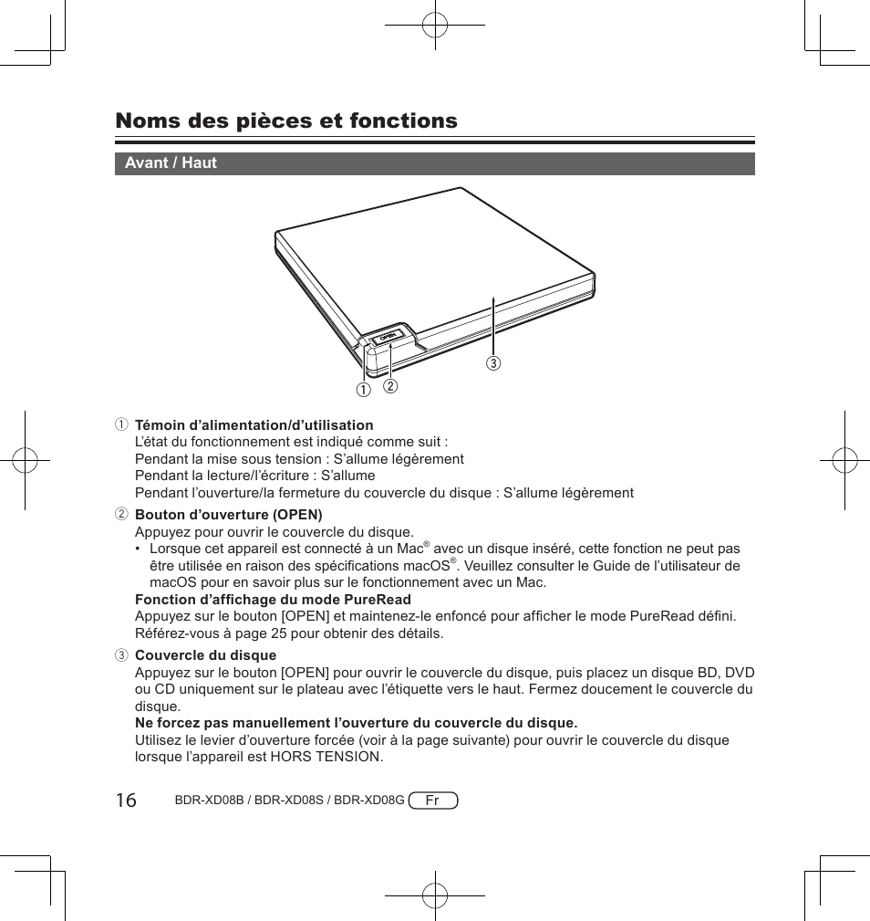 Noms des pièces et fonctions | Pioneer BDR-XD08S Portable USB 3.2 Gen 1 Clamshell Optical Drive (Snow White Silver) User Manual | Page 48 / 68