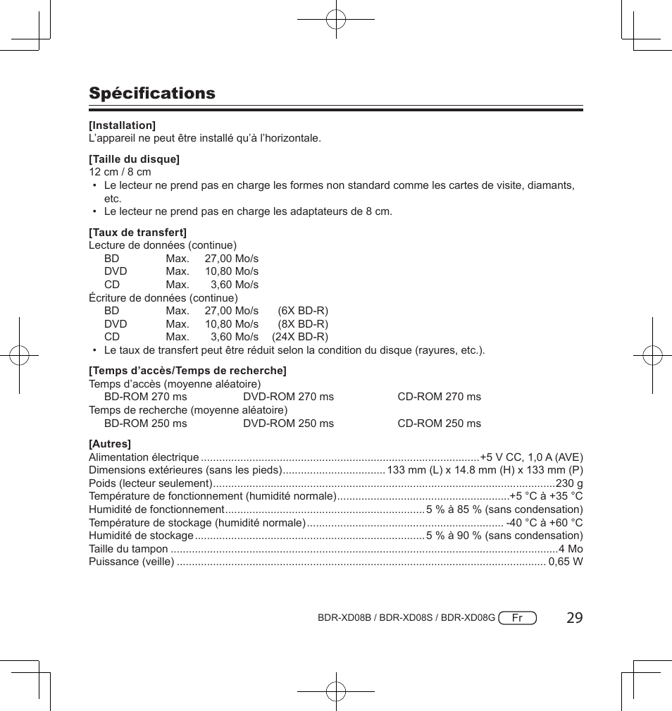 Spécifications | Pioneer BDR-XD08S Portable USB 3.2 Gen 1 Clamshell Optical Drive (Snow White Silver) User Manual | Page 61 / 68