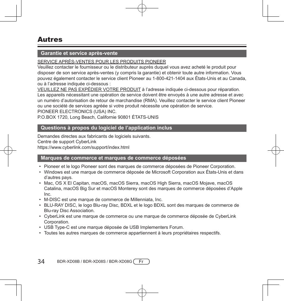 Autres | Pioneer BDR-XD08S Portable USB 3.2 Gen 1 Clamshell Optical Drive (Snow White Silver) User Manual | Page 66 / 68