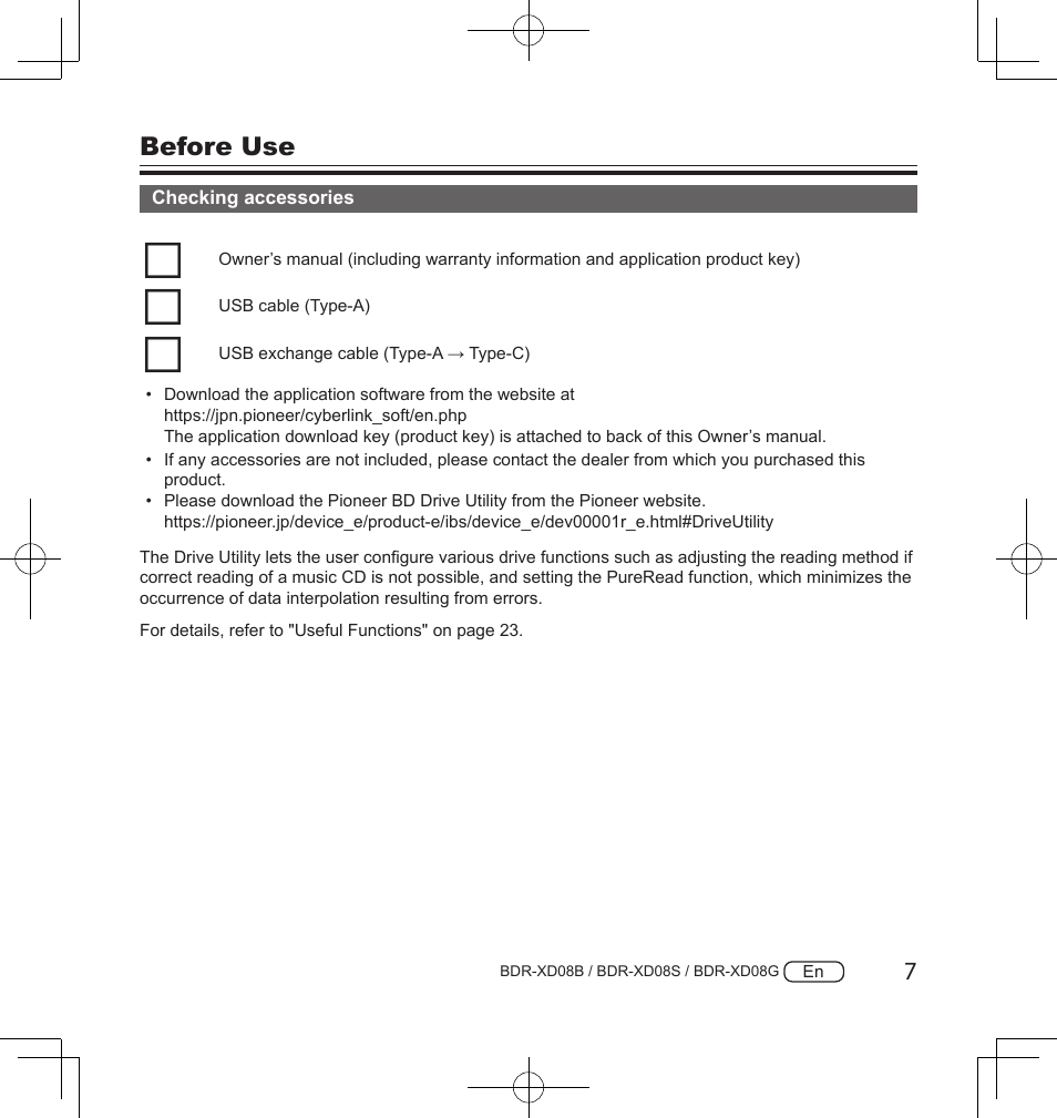 Before use | Pioneer BDR-XD08S Portable USB 3.2 Gen 1 Clamshell Optical Drive (Snow White Silver) User Manual | Page 7 / 68