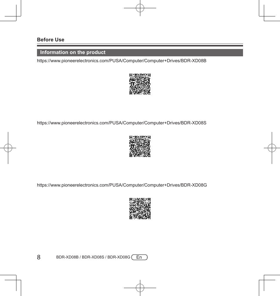 Pioneer BDR-XD08S Portable USB 3.2 Gen 1 Clamshell Optical Drive (Snow White Silver) User Manual | Page 8 / 68