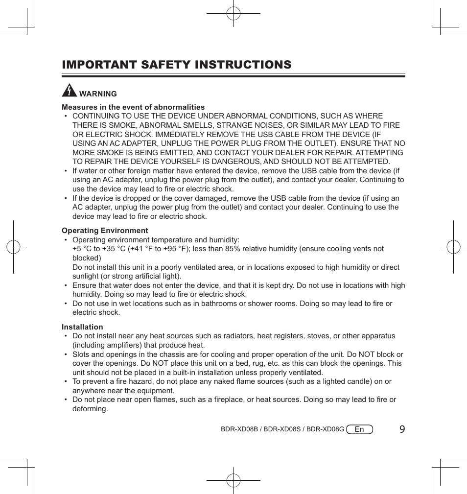 Important safety instructions | Pioneer BDR-XD08S Portable USB 3.2 Gen 1 Clamshell Optical Drive (Snow White Silver) User Manual | Page 9 / 68