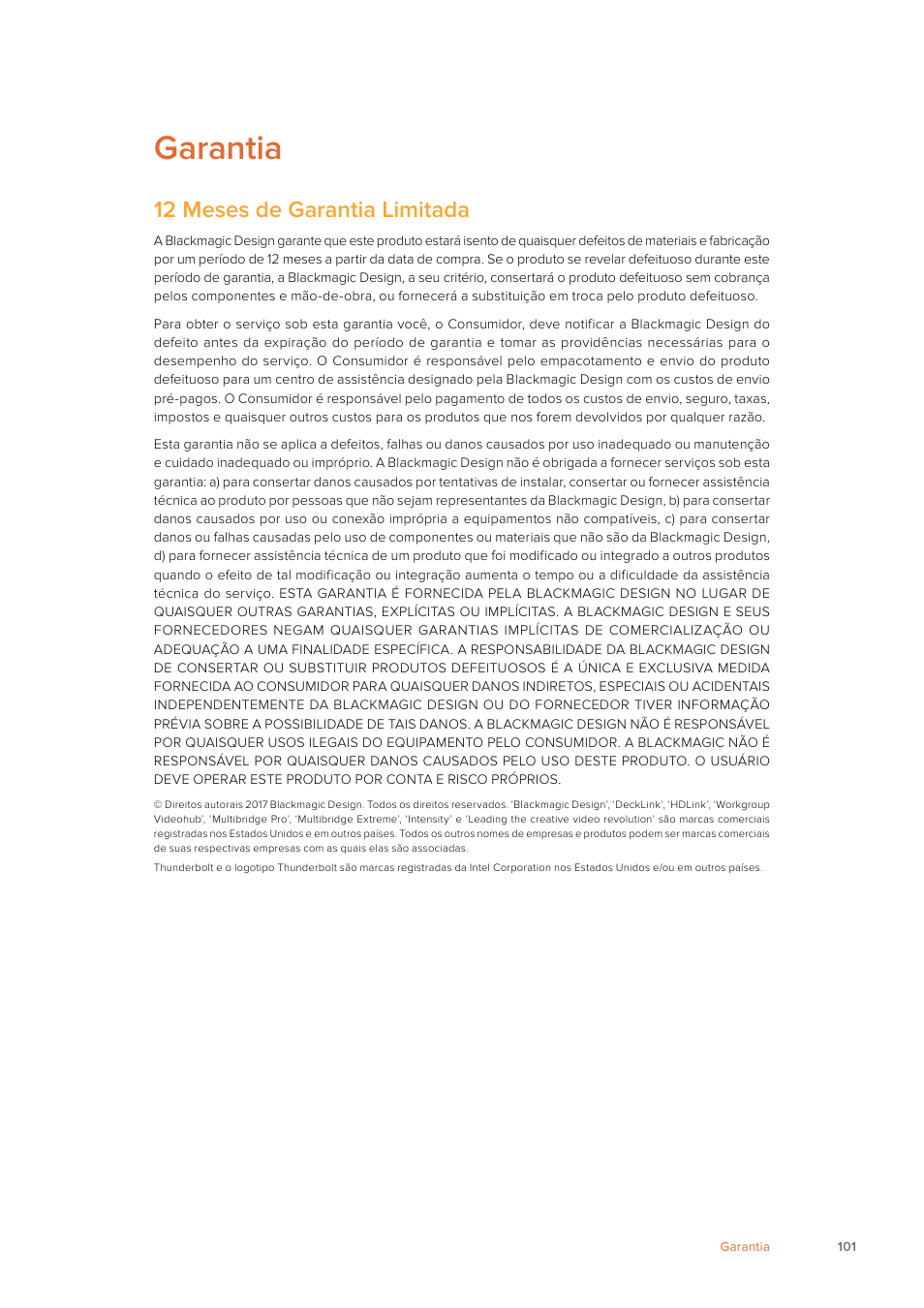 Garantia, 12 meses de garantia limitada | Blackmagic Design Ultimatte SmRemote 4 User Manual | Page 101 / 111