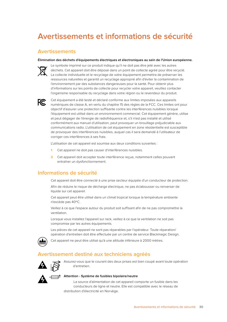 Avertissements et informations de sécurité, Avertissements, Informations de sécurité | Avertissement destiné aux techniciens agréés | Blackmagic Design Ultimatte SmRemote 4 User Manual | Page 30 / 111