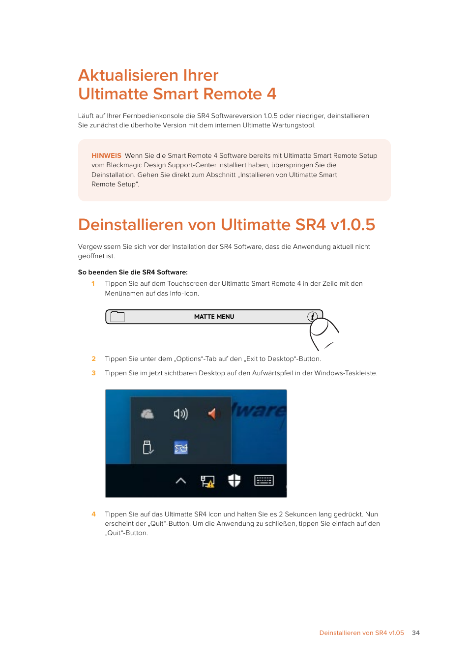 Aktualisieren ihrer ultimatte smart remote 4, Deinstallieren von ultimatte sr4 v1.0.5 | Blackmagic Design Ultimatte SmRemote 4 User Manual | Page 34 / 111