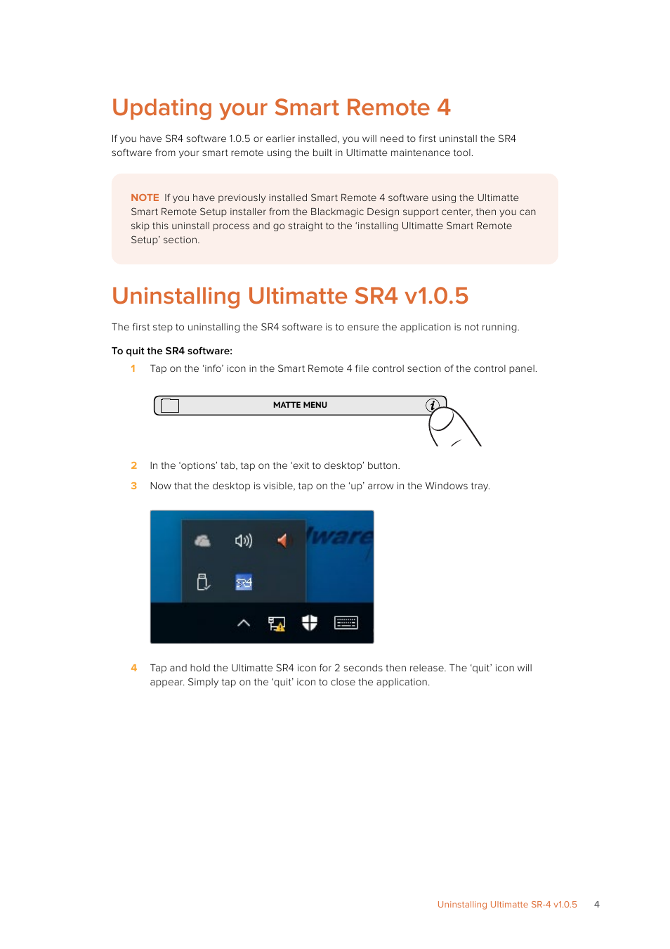 Updating your smart remote 4, Uninstalling ultimatte sr4 v1.0.5 | Blackmagic Design Ultimatte SmRemote 4 User Manual | Page 4 / 111