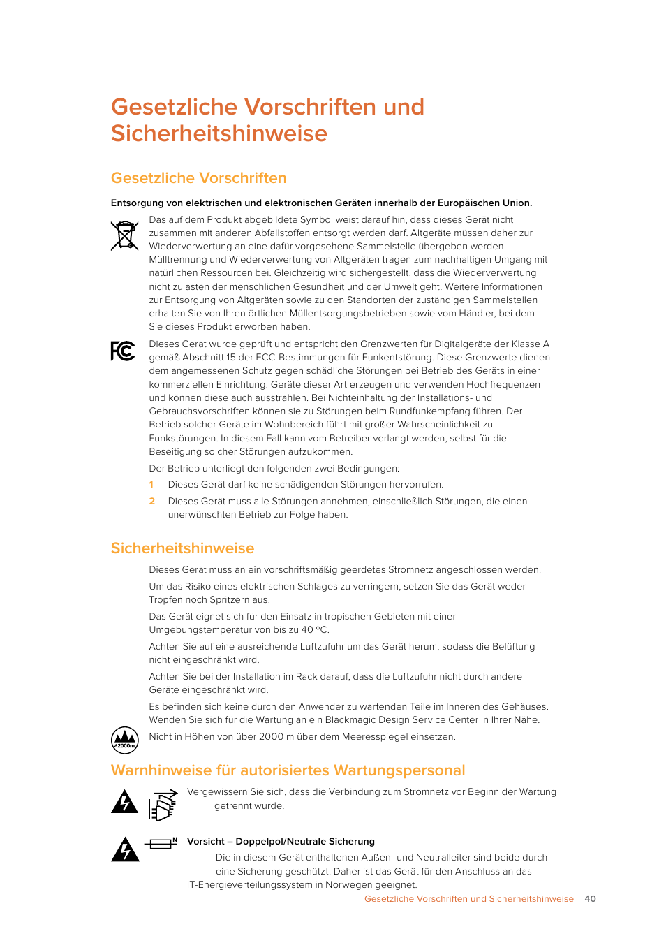 Gesetzliche vorschriften und sicherheitshinweise, Gesetzliche vorschriften, Sicherheitshinweise | Warnhinweise für autorisiertes wartungspersonal | Blackmagic Design Ultimatte SmRemote 4 User Manual | Page 40 / 111