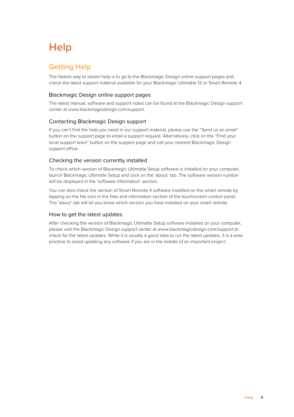 Help, Getting help | Blackmagic Design Ultimatte SmRemote 4 User Manual | Page 9 / 111