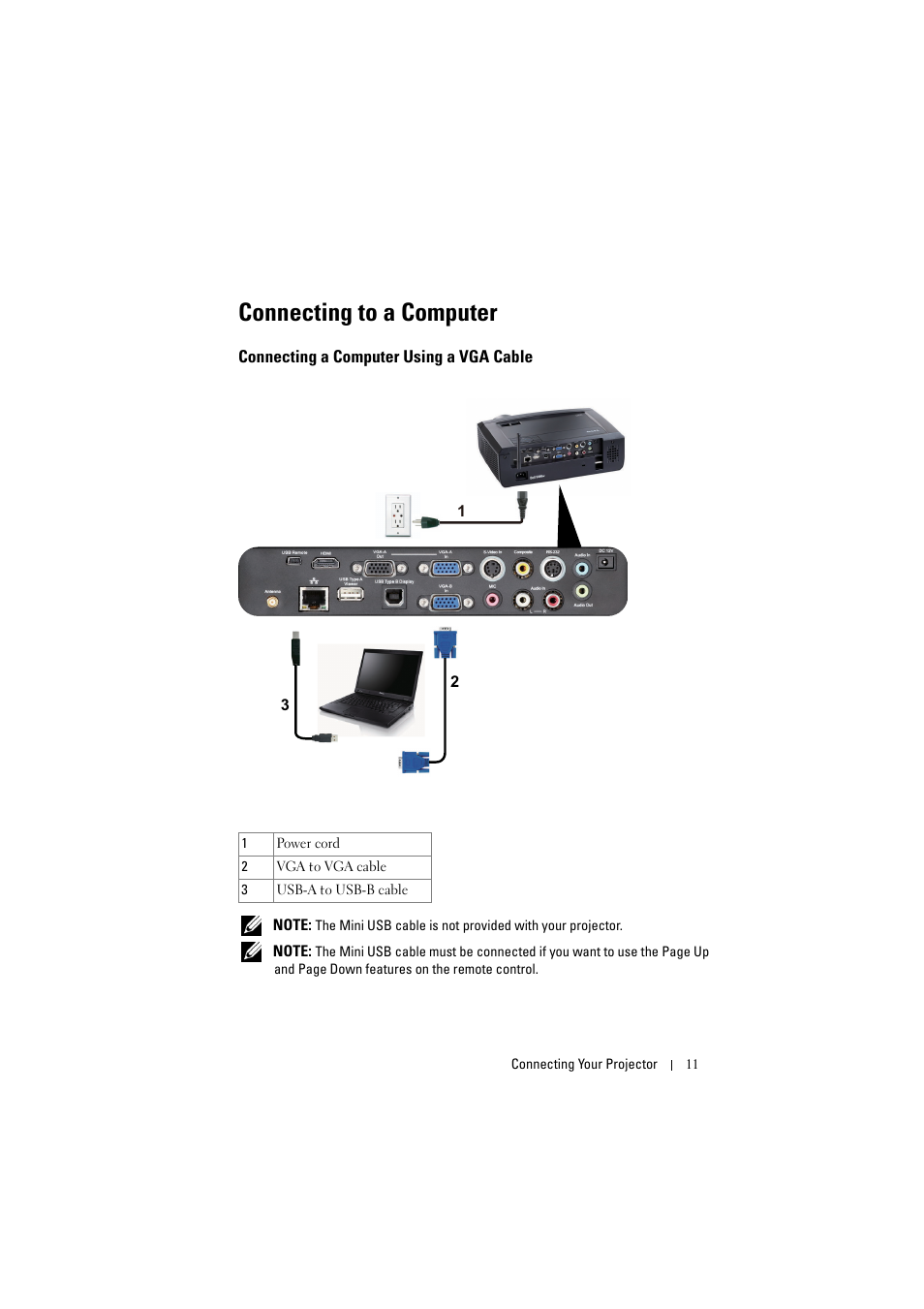 Connecting to a computer, Connecting a computer using a vga cable | Dell S300w User Manual | Page 11 / 99