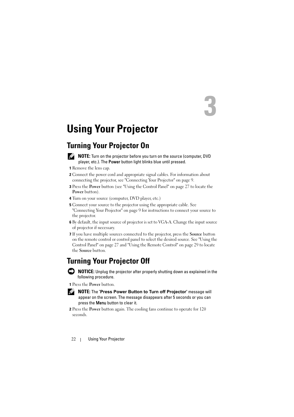 Using your projector, Turning your projector on, Turning your projector off | Dell S300w User Manual | Page 22 / 99