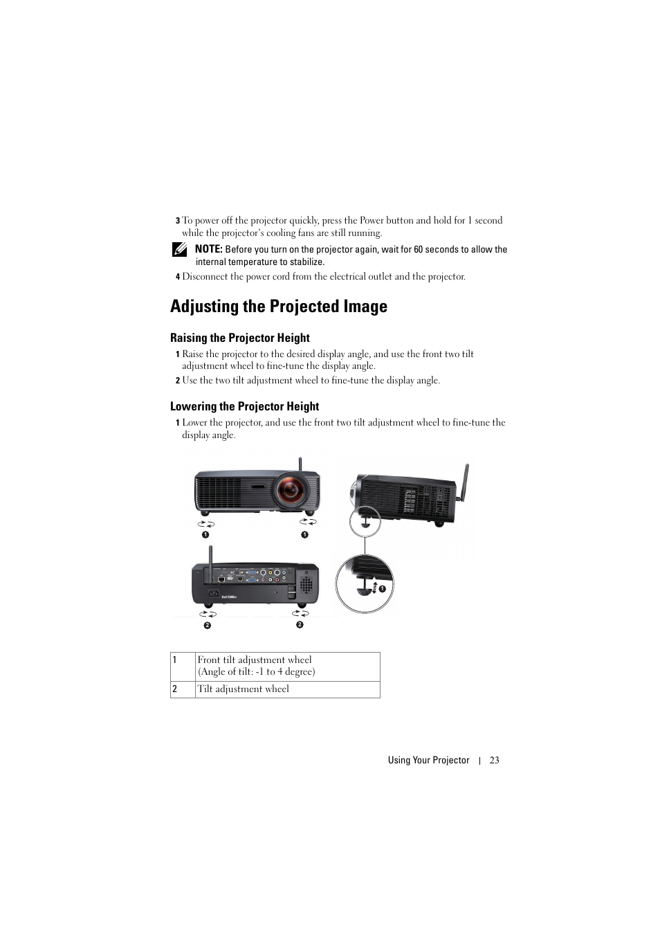 Adjusting the projected image, Raising the projector height, Lowering the projector height | Dell S300w User Manual | Page 23 / 99