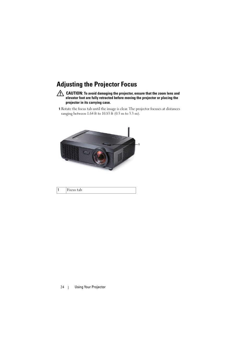 Adjusting the projector focus | Dell S300w User Manual | Page 24 / 99