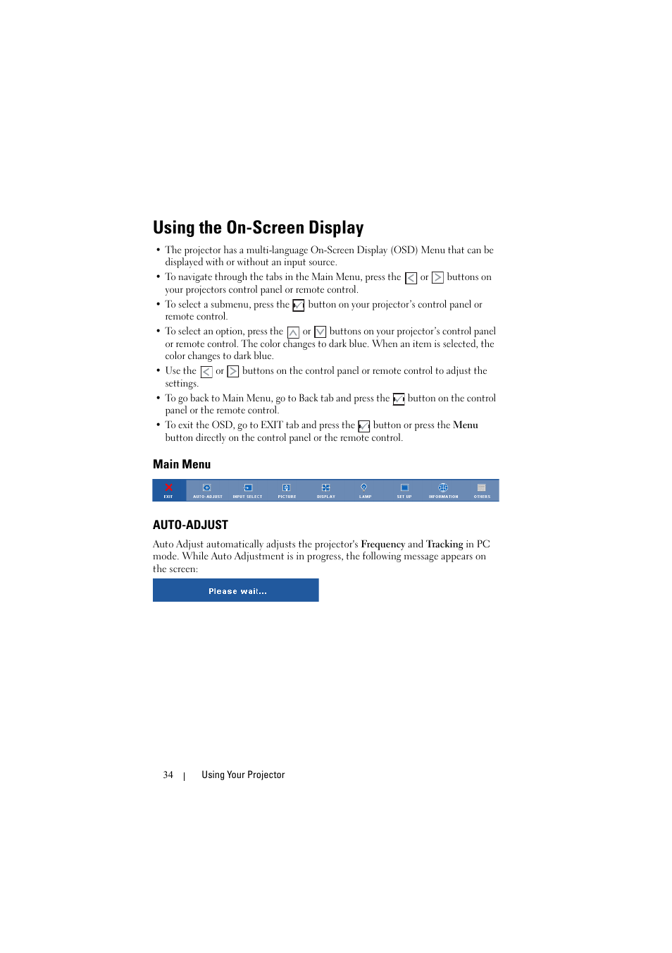 Using the on-screen display, Main menu, Auto-adjust | Dell S300w User Manual | Page 34 / 99