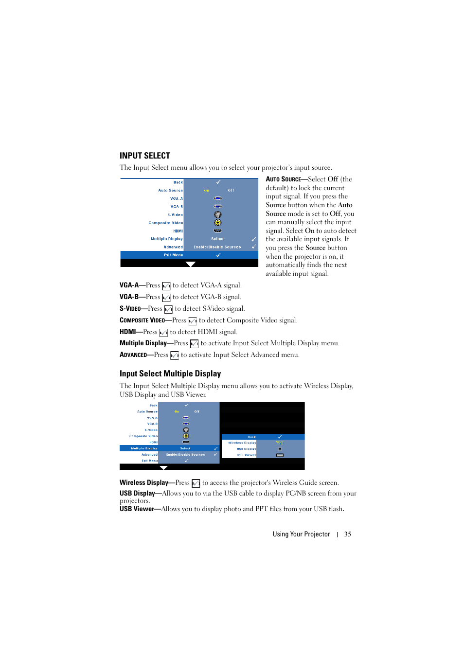 Input select, Input select multiple display | Dell S300w User Manual | Page 35 / 99