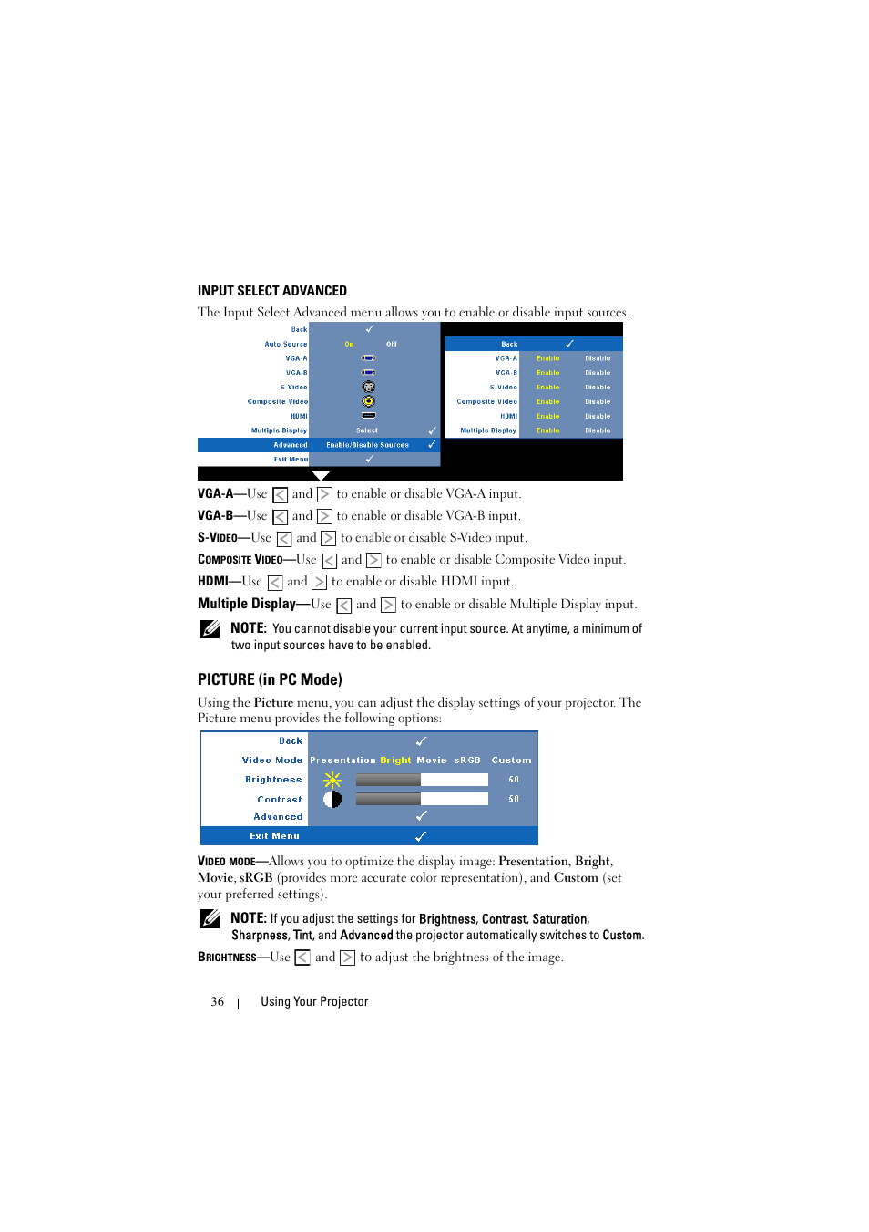 Input select advanced, Picture (in pc mode) | Dell S300w User Manual | Page 36 / 99