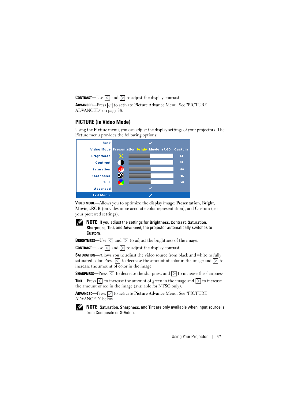 Picture (in video mode) | Dell S300w User Manual | Page 37 / 99