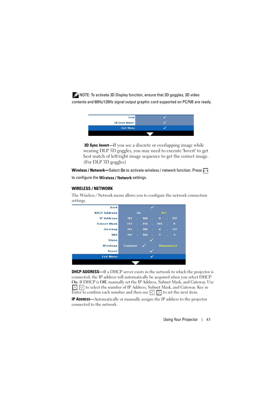 Wireless / network | Dell S300w User Manual | Page 43 / 99