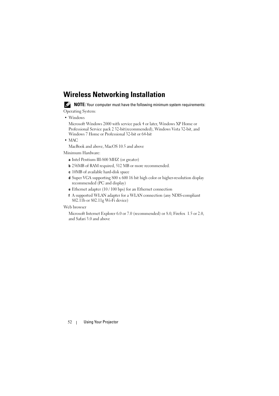 Wireless networking installation | Dell S300w User Manual | Page 52 / 99