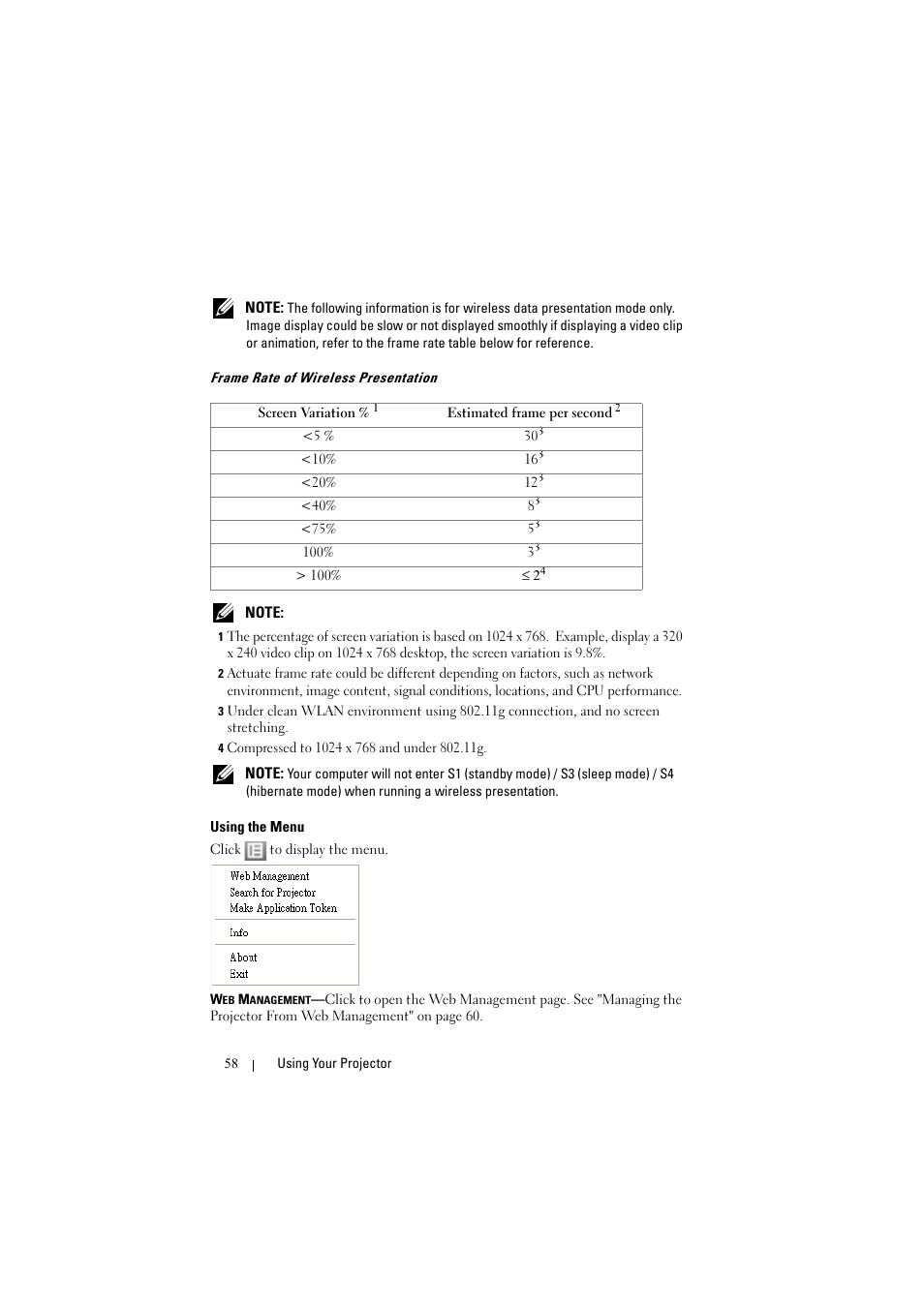 Frame rate of wireless presentation, Using the menu | Dell S300w User Manual | Page 58 / 99