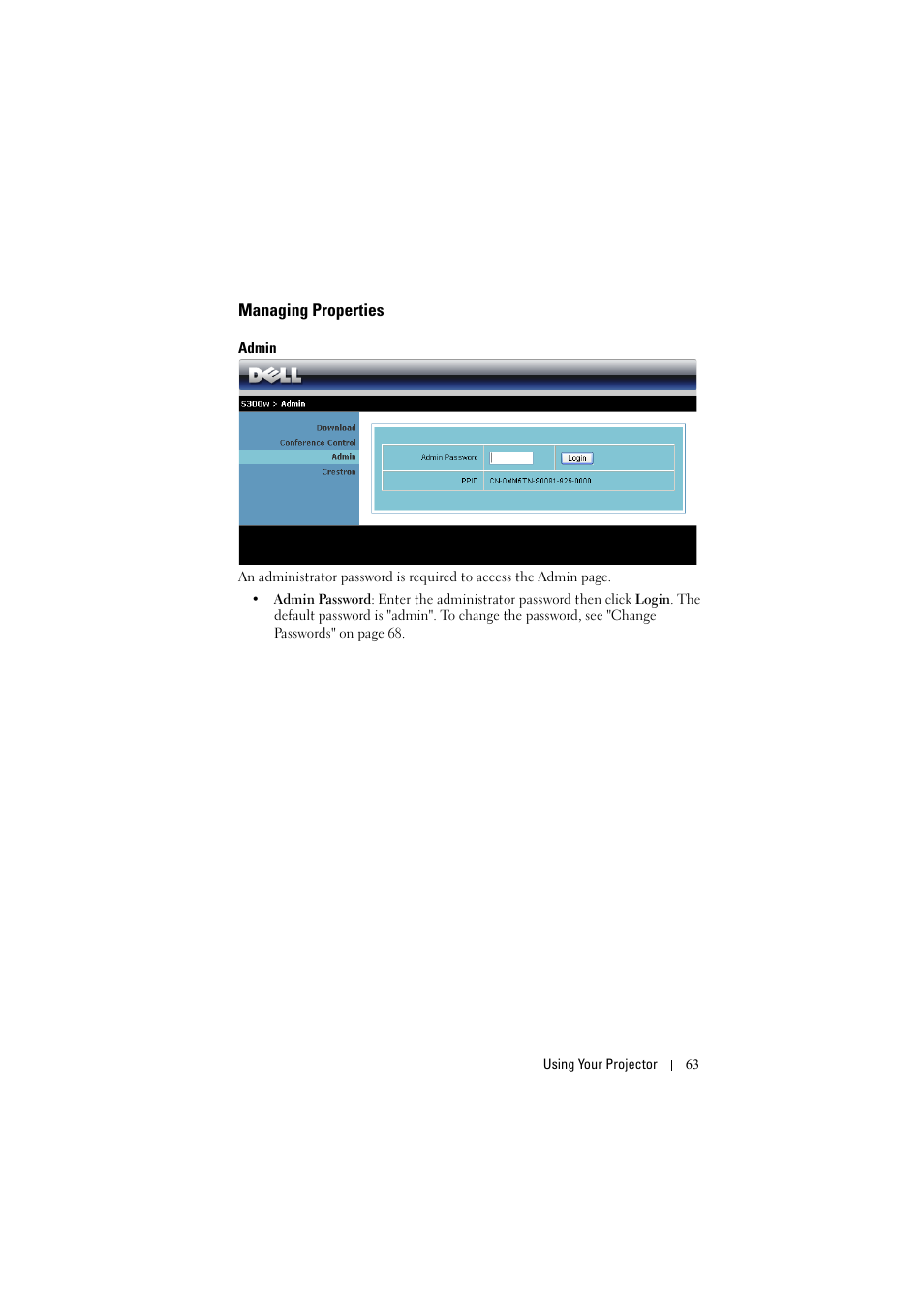 Managing properties, Admin | Dell S300w User Manual | Page 63 / 99
