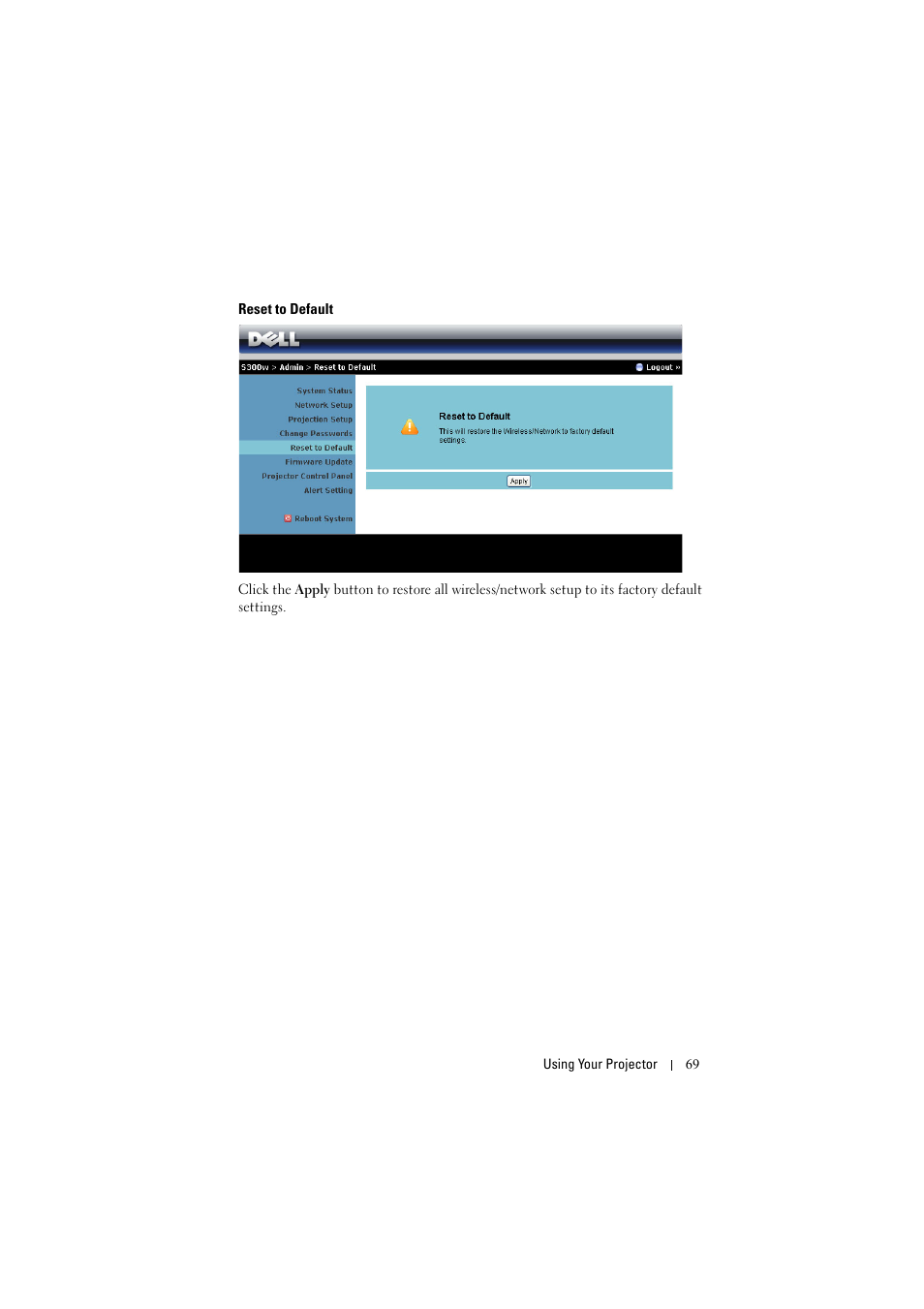 Reset to default | Dell S300w User Manual | Page 69 / 99