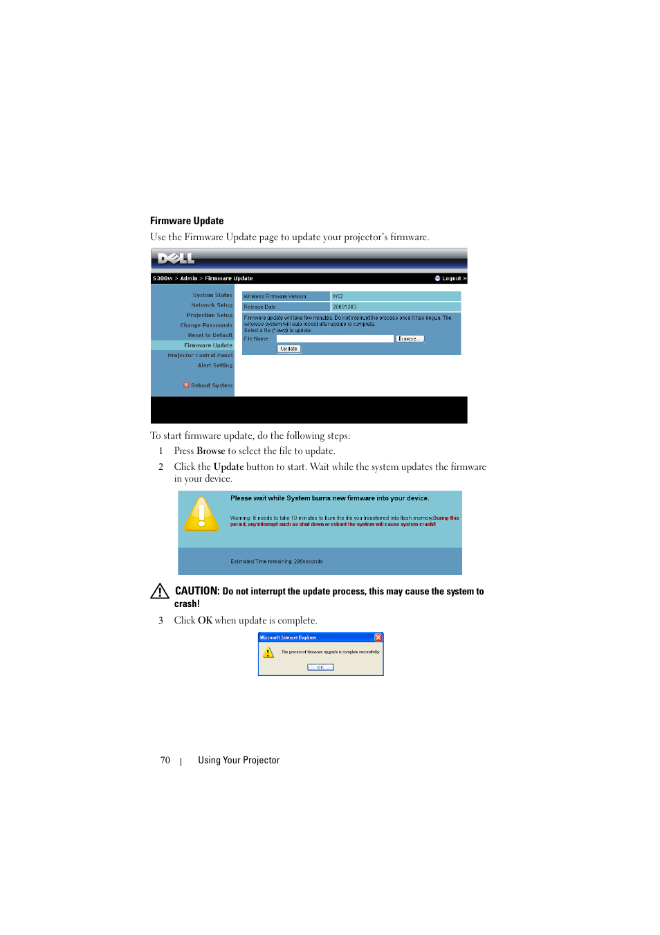 Firmware update | Dell S300w User Manual | Page 70 / 99